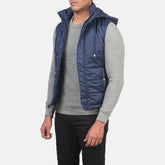 Nodin Blue Leather Hooded Vest Jacket